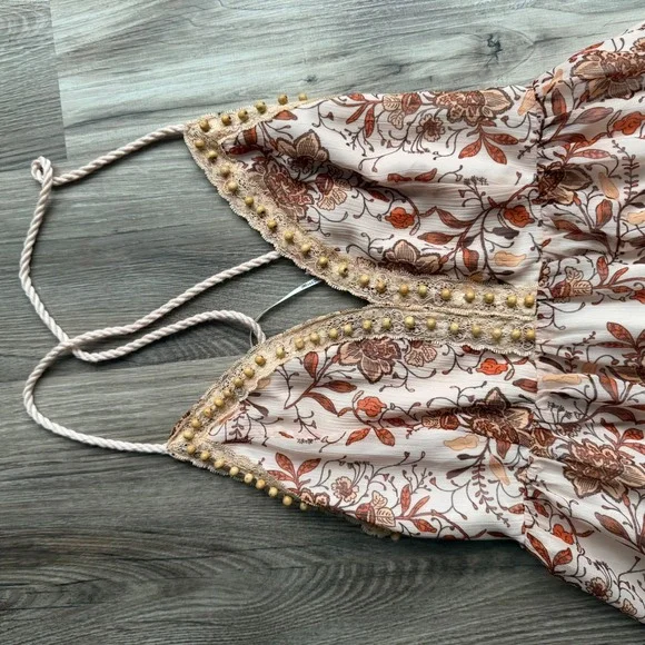 Y2K Miss Me Floral Boho Maxi Dress Small Halter Neck Beaded Lace Trim Cream Rust - Picture 2 of 5